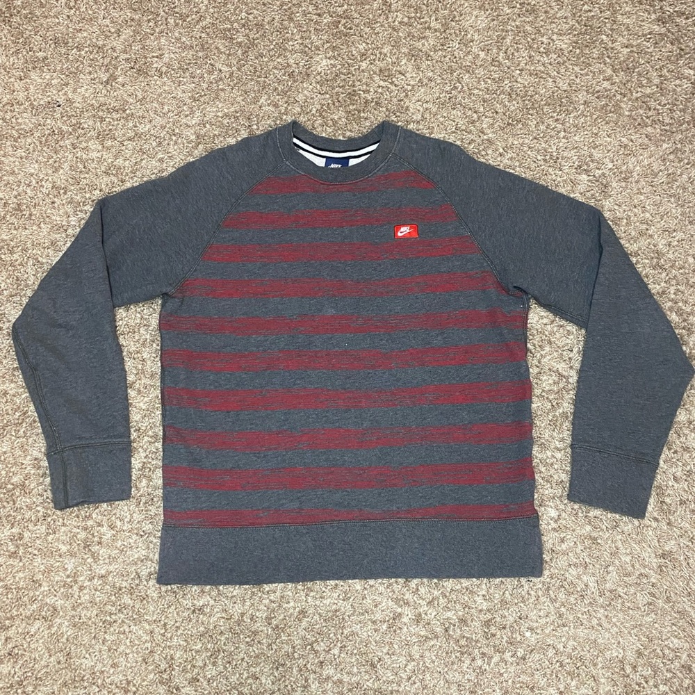 Nike Speed Stripe Sweatshirt Crewneck Red Gray Cotton Box Logo Men's Size MEDIUM